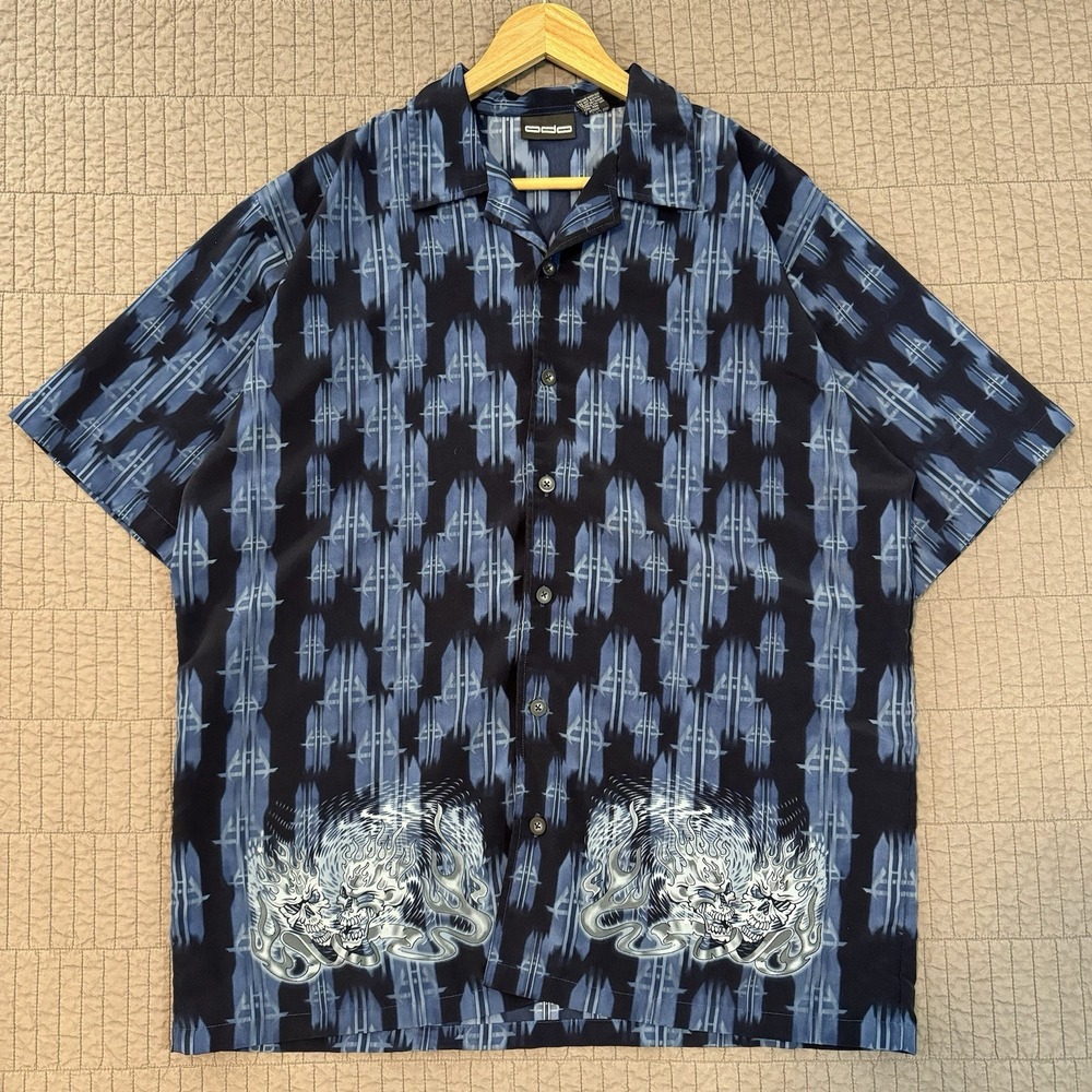 Vtg Y2K ODO Shirt Mens Large Blue Button‎ Up Skulls Geometric AOP Skater Cyber